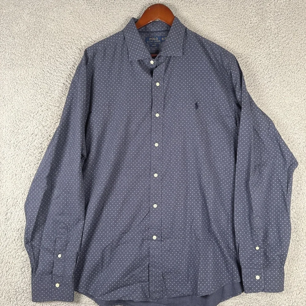 Polo Ralph Lauren Button up Shirt Mens 2XL Blue AOP Slim Fit Long Sleeve